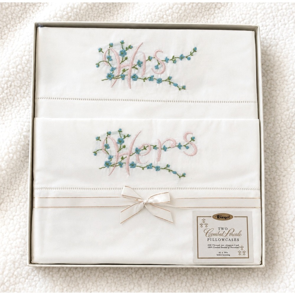Vintage His Hers Embroidered Pillowcases Pair Blue Floral White Cotton NOS